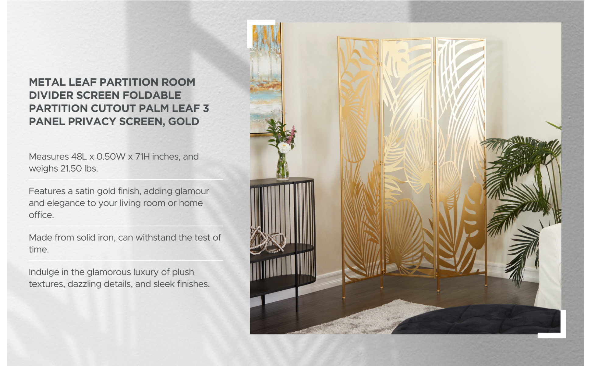 Litton Lane 6 ft. Gold 3 Panel Hinged Foldable Partition Room