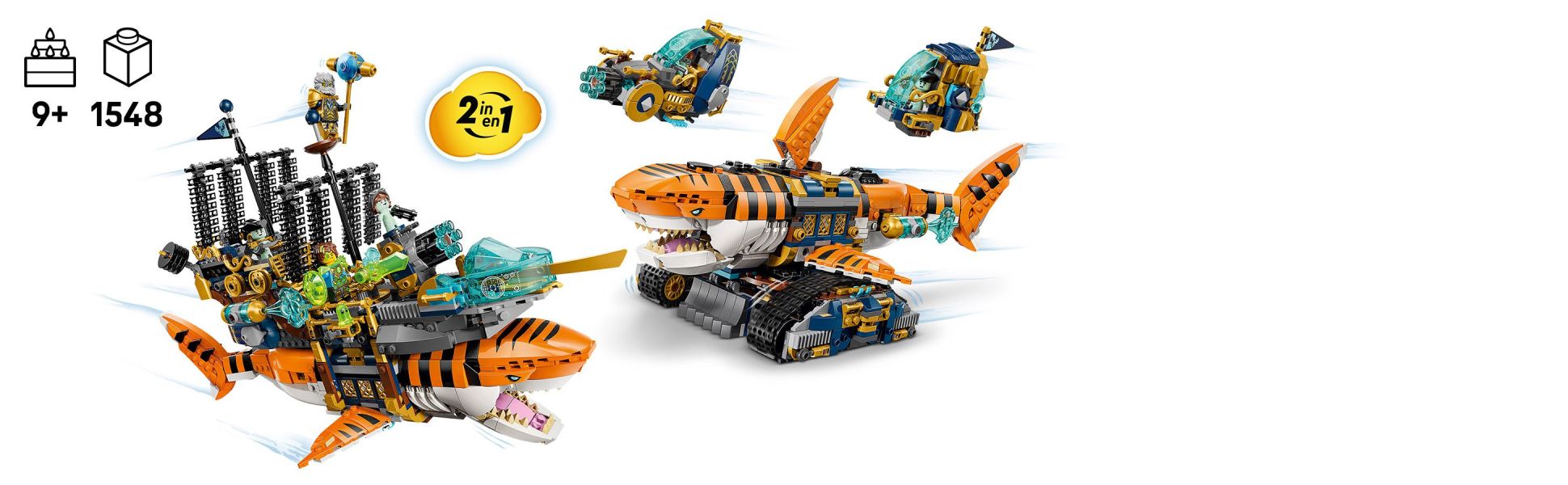 Kids can create a tiger shark tank toy with a tail and side pods or tiger shark ship toy with a cannon and side shooters.