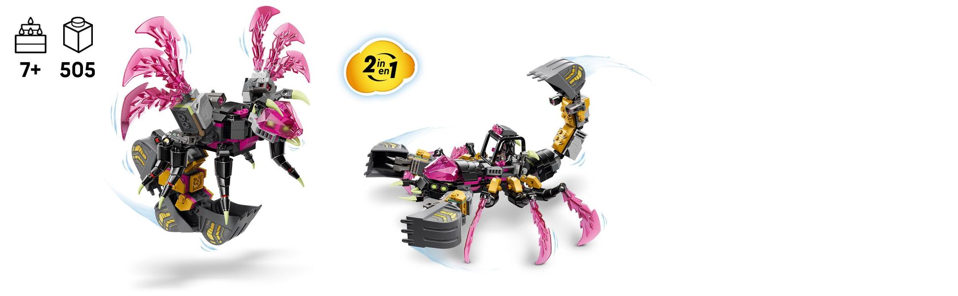 Kids can build a scorpion excavator toy with 6 legs and shooters or a biomechanical wasp toy with wings and shooters.
