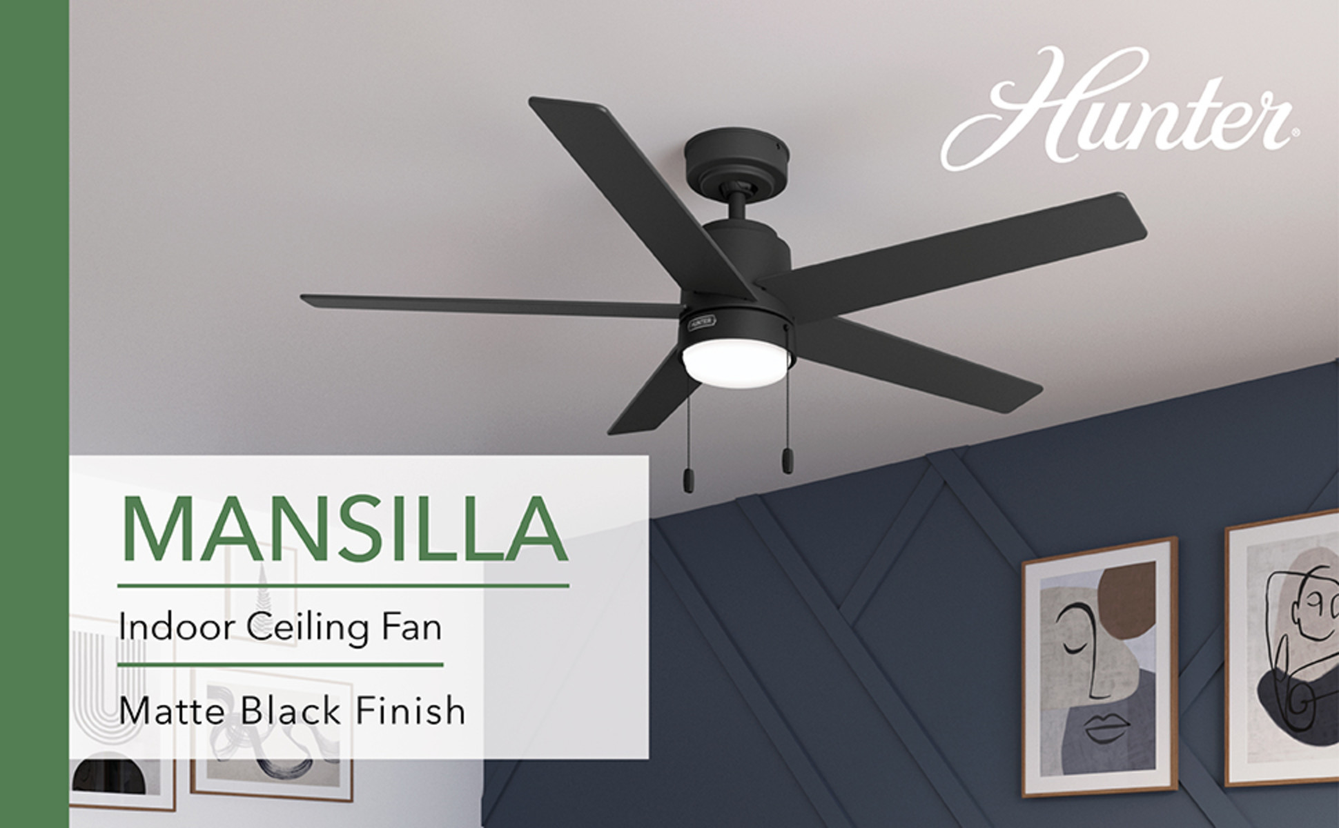 Hunter Mansilla 52 in. Indoor Matte Black Standard Ceiling Fan
