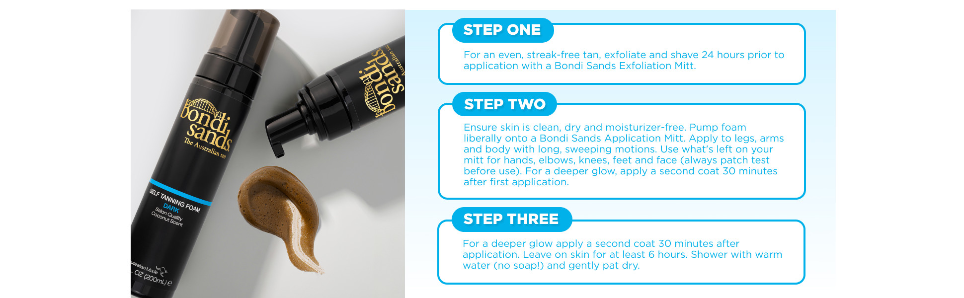 Dark Bondi Sands Self Tanner steps 1 through 3.