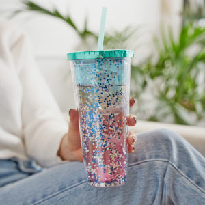 Blush Mermaid Tumbler with Screw On Lid, Silicone Seal, and Reusable Straw,  Slim Clear Plastic Leak-Proof Travel Iced Coffee Cup, 24 Oz, Set of 1 