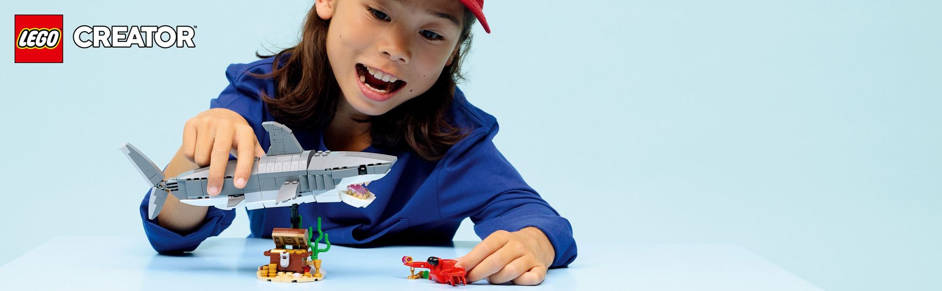 Kids can build this LEGO Creator 3 in 1 Fierce Shark with a Treasure Chest, then rebuild it into an anglerfish or manta ray toy.