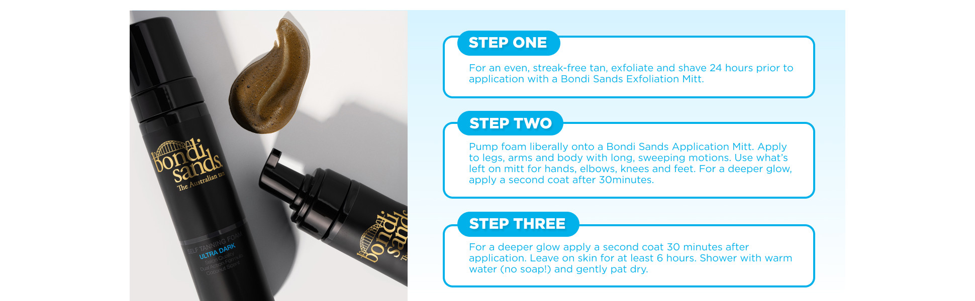 Steps 1 through 3 for Ulta Dark Bondi Sands Self Tanning Foam.