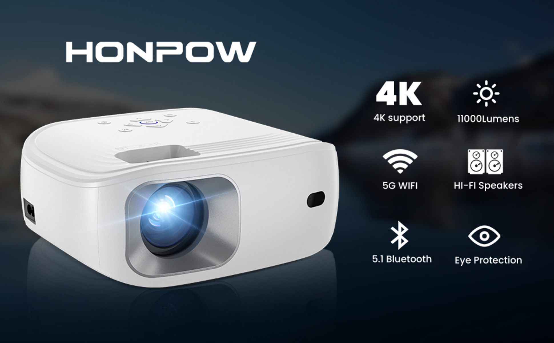  4K Support Projector with Wifi and Bluetooth, HOMPOW
