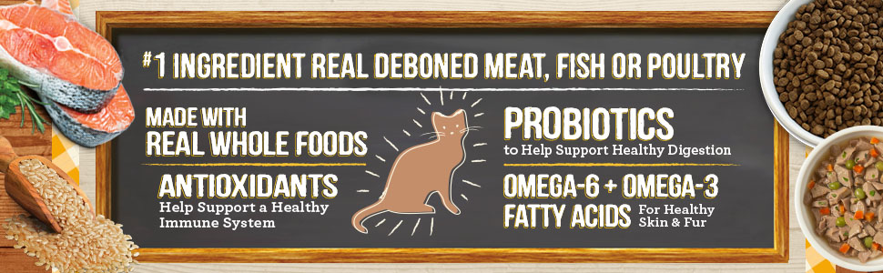 Tasty ingredients, kibble in dishes and drawing of a cat. First ingredient is real, deboned meat, fish or poultry.