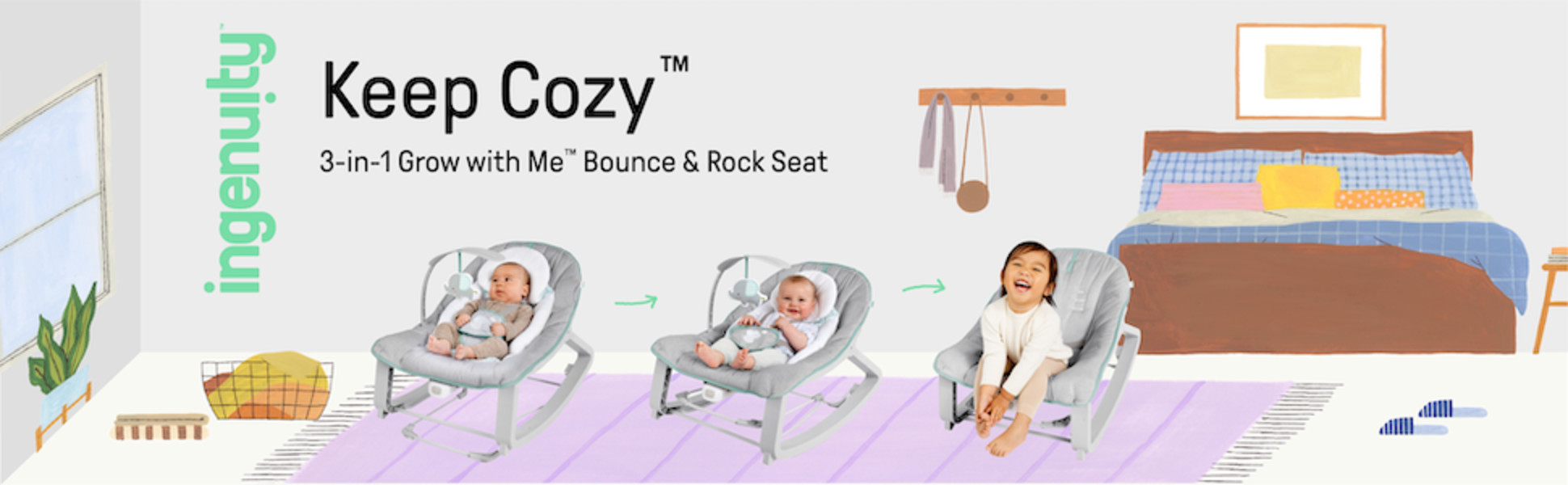 Keep Cozy 3-in-1 Grow with Me Bounce & Rock Seat - Spruce – Kids2, LLC