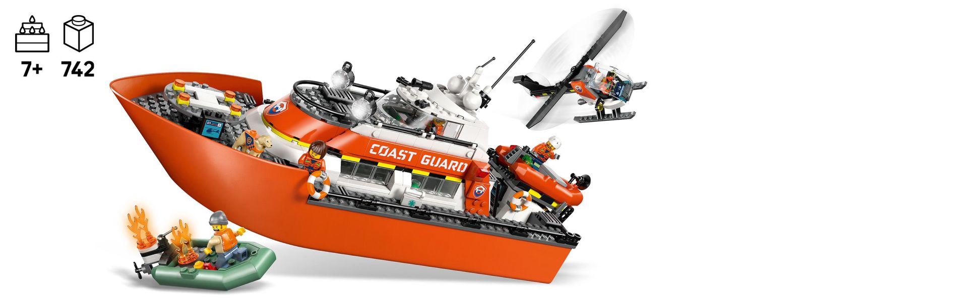 Kids can dive into imaginative adventures with a floatable patrol boat, an onboard helicopter and 2 floating dinghies.