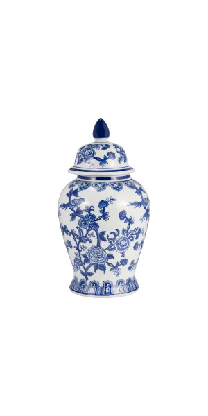 18" Temple Jar Bird/flower, Blue