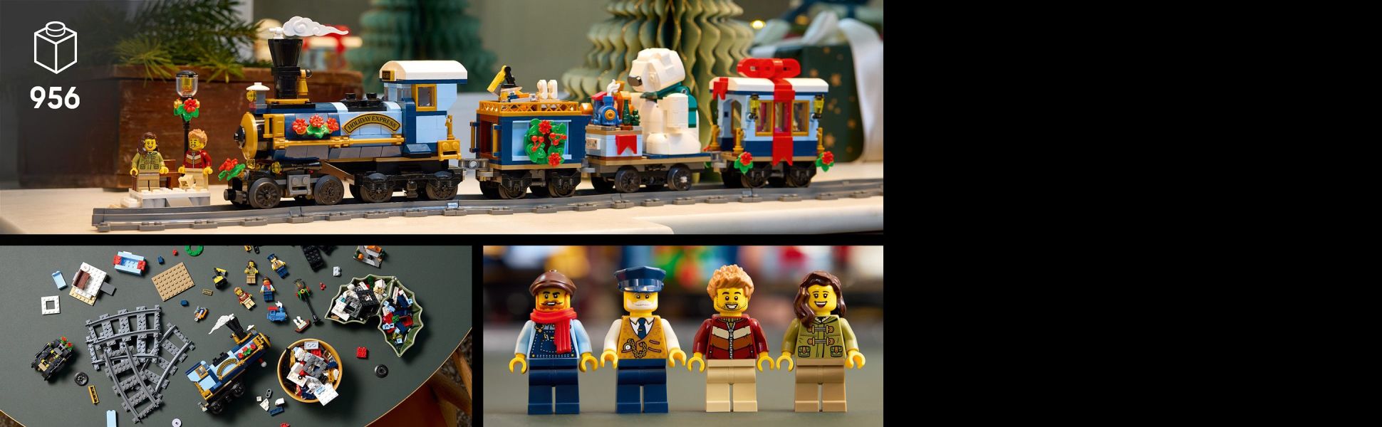 This Christmas-themed train set includes a locomotive, coal tender, flatcar and end car, plus a circular track, platform and 4 minifigures.