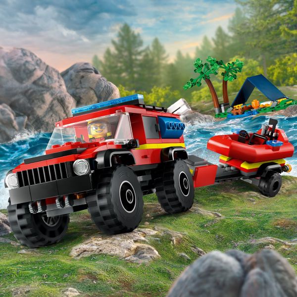 LEGO City 4x4 Fire Truck with Rescue Boat Toy for Kids Ages 5 and Up,  Pretend Play Toy for Boys and Girls with a Truck Toy, Trailer, Dinghy and  Tent,