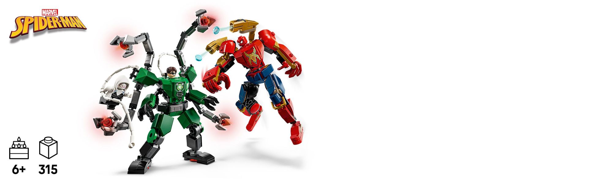 Mechs twist, turn, move and strike powerful poses as Spider-Man and Ghost-Spider take on Doc Ock in a mech-vs-mech battle.