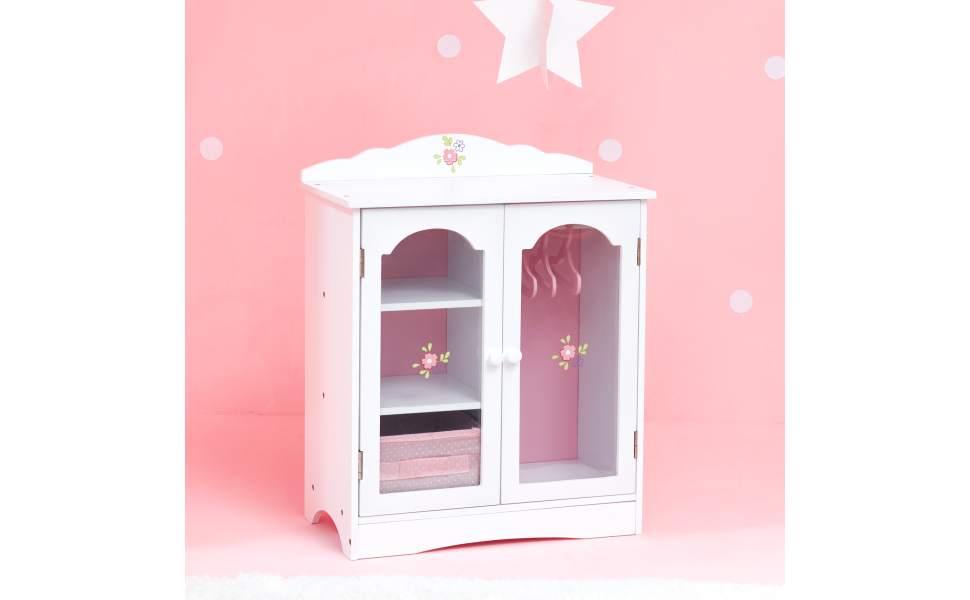 Olivia's Little World Polka Dot Princess Wooden Shaker-Style Double Closet  for 18 Doll Wardrobes with Windowed Doors, Three Shelves, Hanging Space