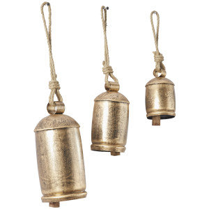 Litton Lane Gold Metal Tibetan Inspired Wide Cone Decorative Cow Bell with Jute Hanging Rope (3- Pack), Rustic Gold