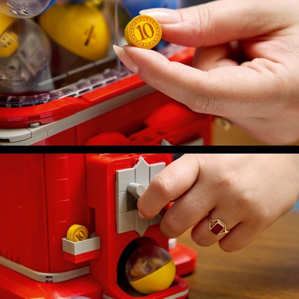 Insert a LEGO coin and turn the handle to operate.