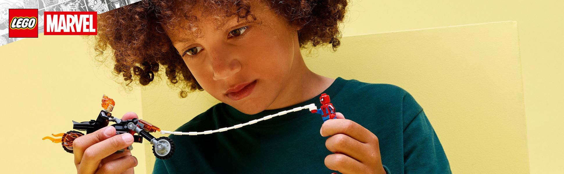 Kids unleash endless play possibilities with Spider-Man, Ghost Rider and an iconic motorcycle with built-in stud shooters.