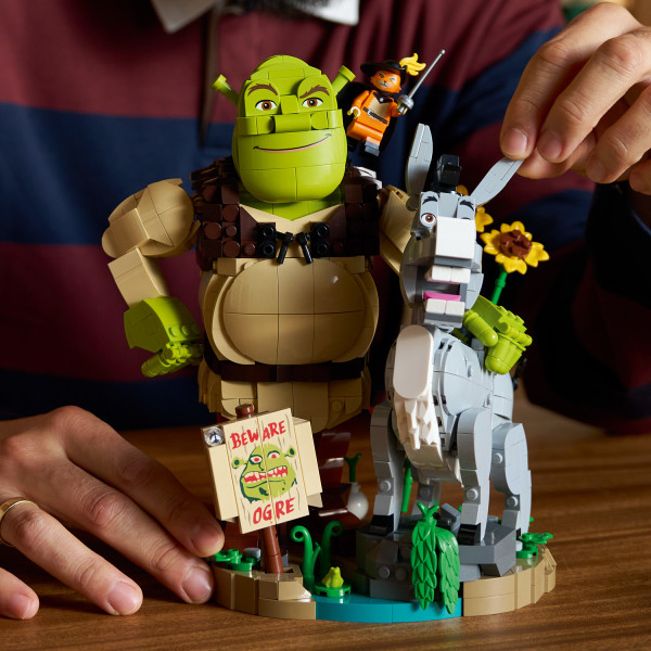 Brick-built Shrek and Donkey, plus a Puss in Boots minifigure.