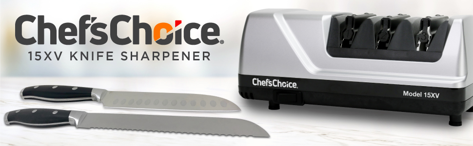 ChefsChoice 15 Trizor XV EdgeSelect Professional Electric Knife Sharpener  for Straight and Serrated Knives Diamond Abrasives Patented Sharpening  System Made in USA, 3-Stage, Gray 