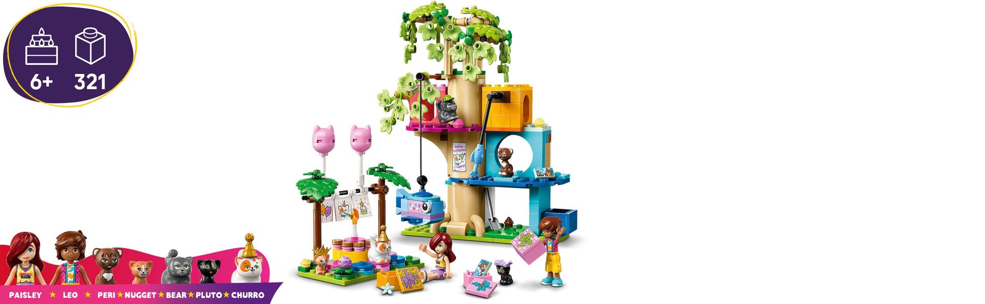 This paw-some set comes with a cat tree house, birthday cake scene, 2 minidolls, 5 cat figures and party accessories.