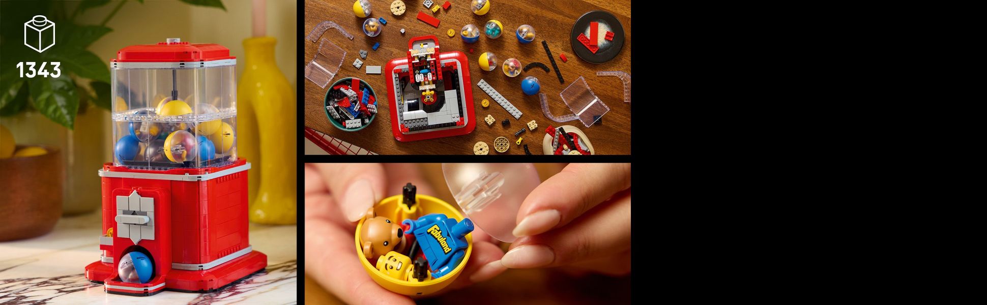 Use bricks from the machine’s capsules to build minifigures referencing LEGO themes such as Castle, Paradisa and Fabuland .