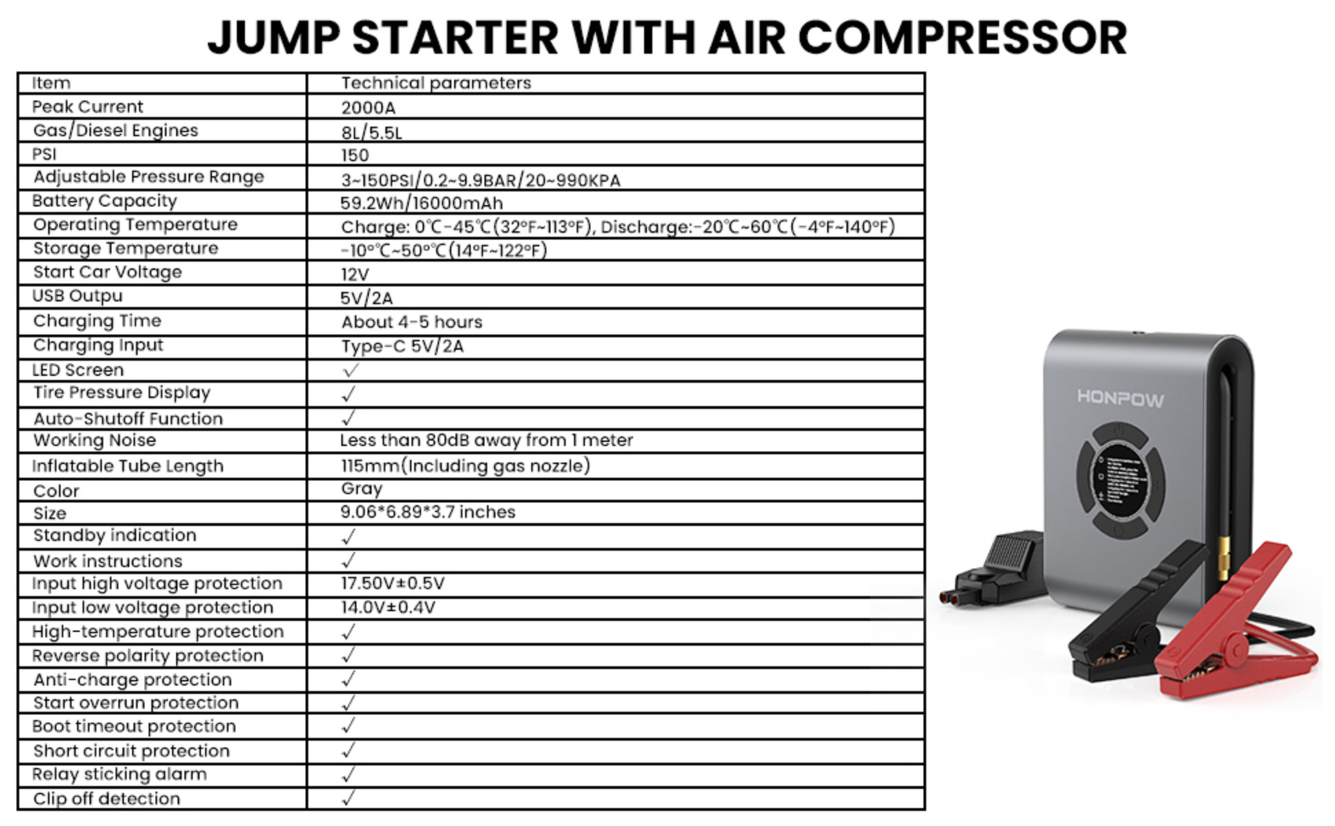 HONPOW Portable Car Jump Starter with Air Compressor 150PSI 2000A