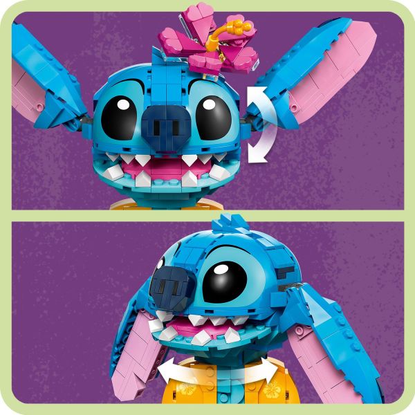 A posable Stitch with a turning head and movable ears.