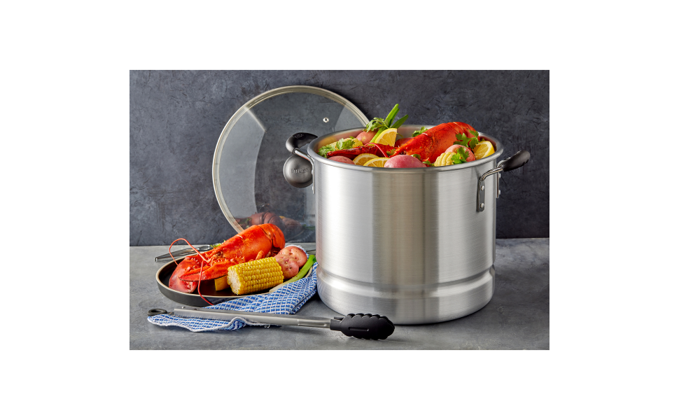 Imusa 10Qt Aluminum Steamer or Stock Pot with Glass Lid & Removable Rack 