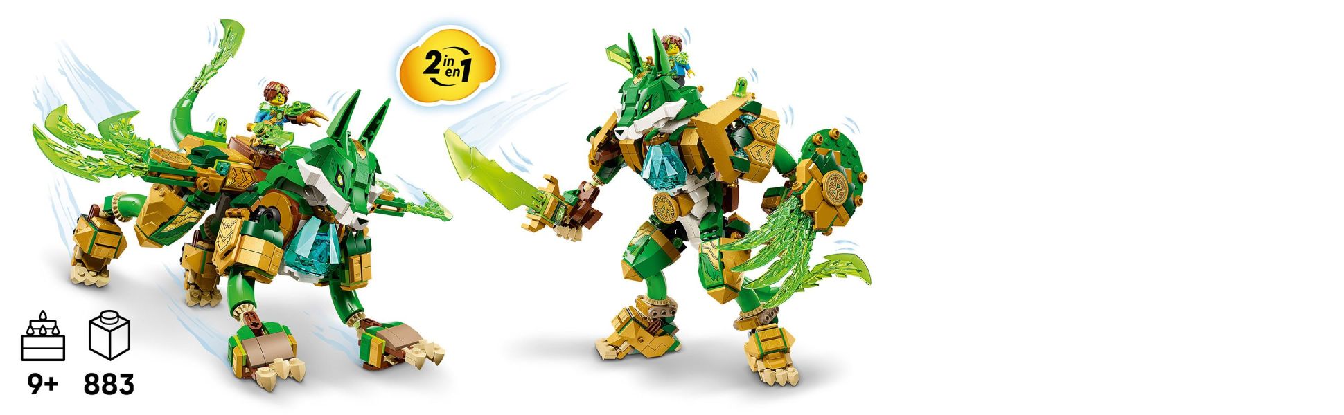 Kids can build a posable fox mech warrior with a sword and a shield, or a 4-legged fox guardian toy equipped with wings.