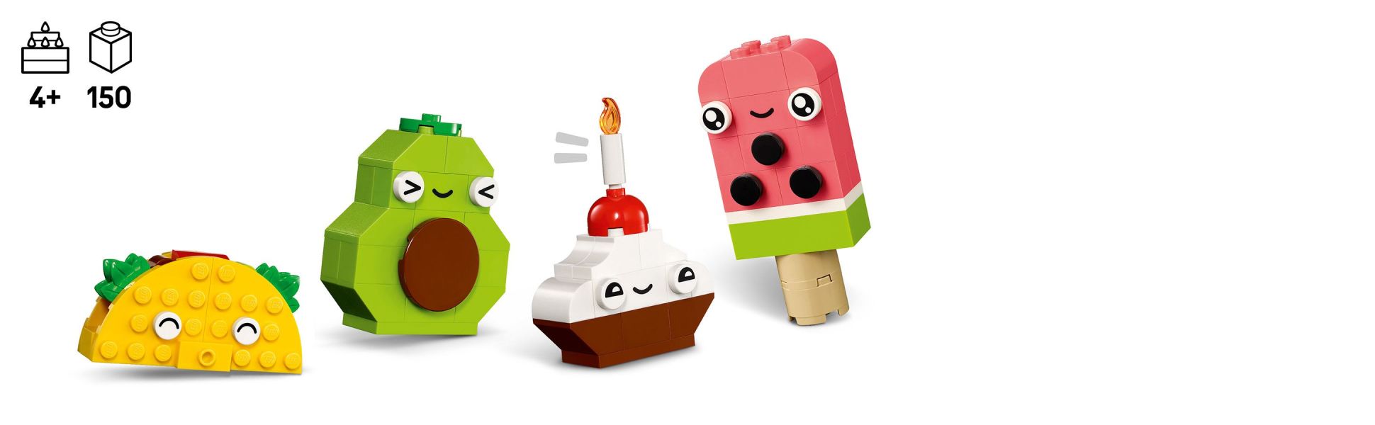Includes colorful building bricks in a variety of shapes, plus special pieces, such as eyes, mouths and decorative elements.