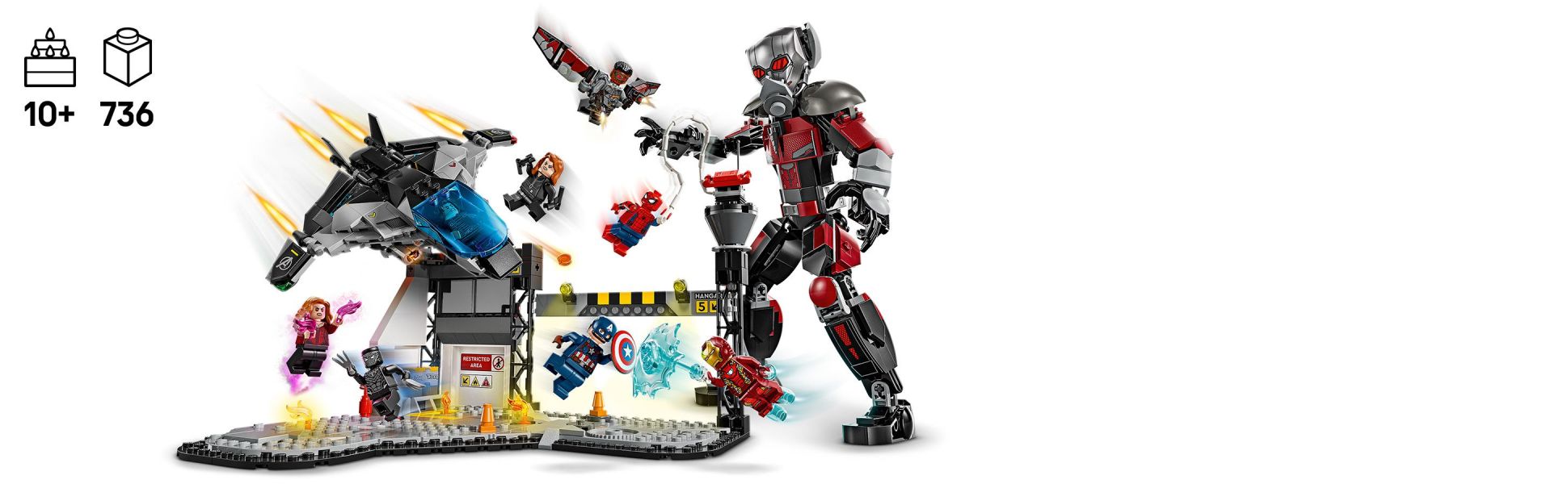 Inspire imaginations with 8 minifigures, a large Ant-Man LEGO figure, exploding barrel, Quinjet with foldable wings and more.