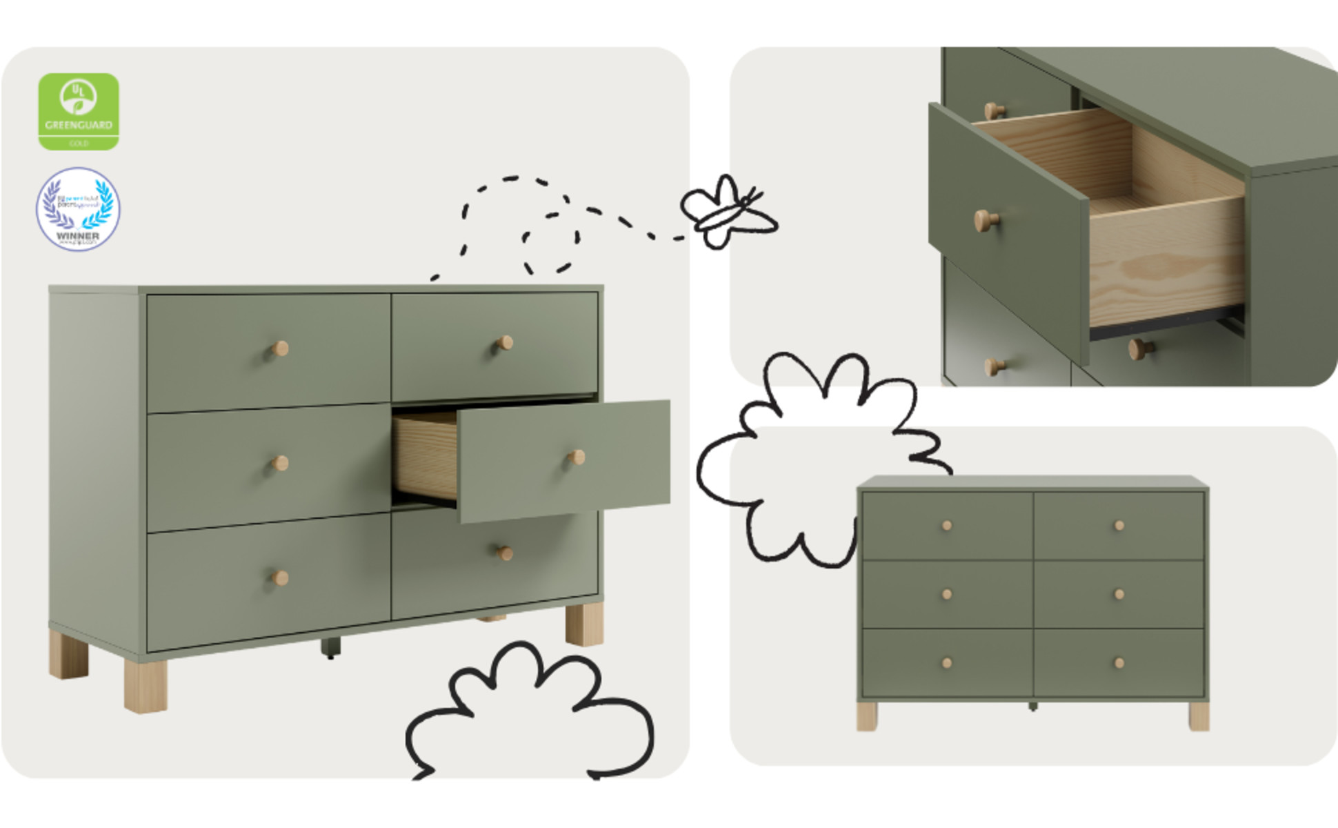 Storkcraft Santorini 6 Drawer Double Dresser (Frosted Oat With Driftwood