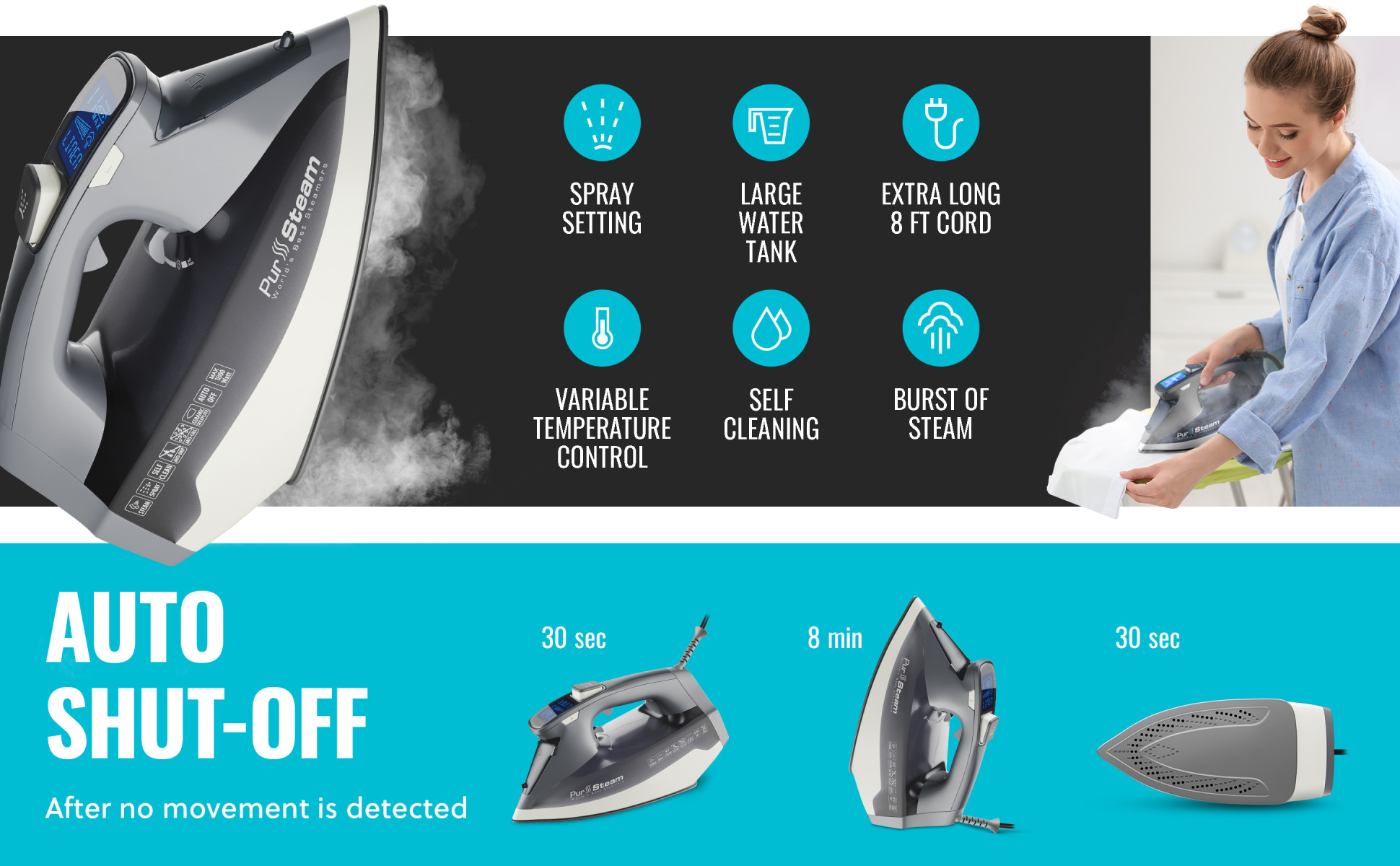 PurSteam 1800W Electric Steam Iron with LCD Screen, Auto