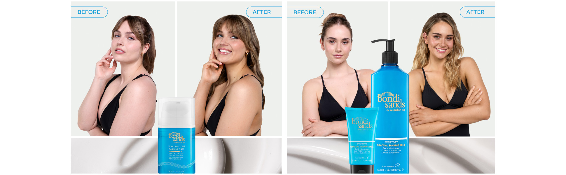 Before after images of Bondi Sands gradual self tan lotion