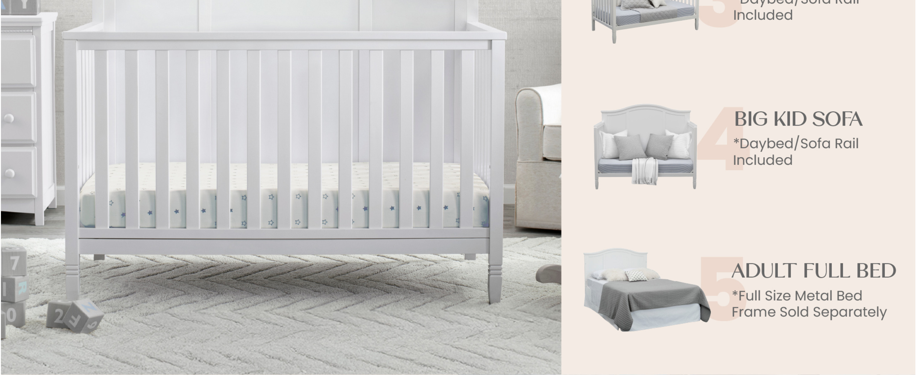 Delta Children Madrid 5-in-1 Convertible Baby Crib, Bianca White
