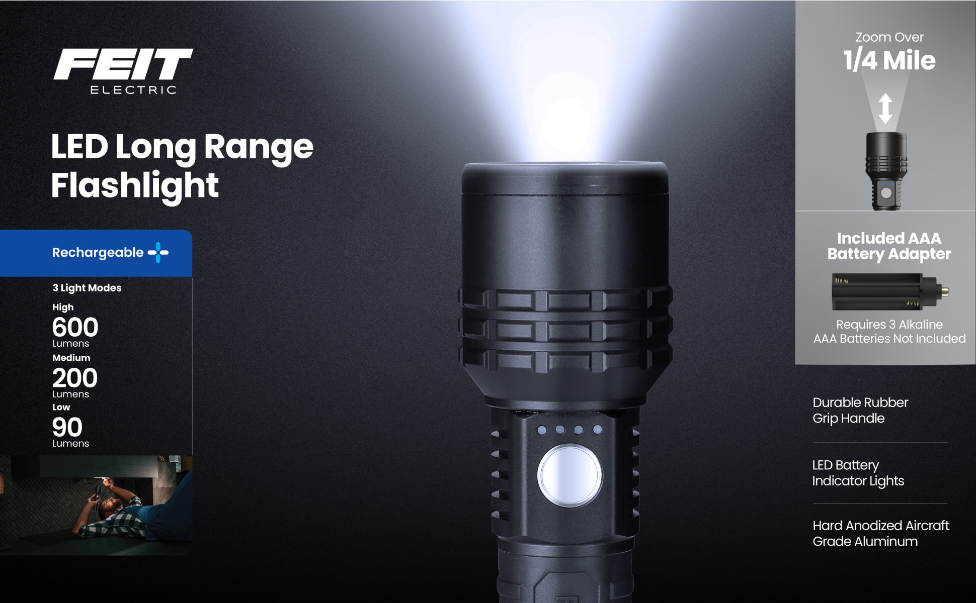 600 lumen flashlight usb rechargeable Feit Electric 600 lumens 6.6 in. Dual Power LED Rechargeable Long Range  Handheld Flashlight (3-Pack) FLR600/LT/FLEX/3