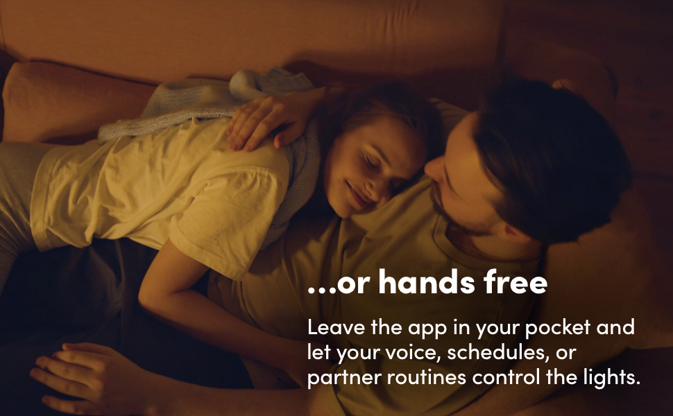 ...or hands free. Leave the app in your pocket and let your voice, schedules, or partner routines control the lights.