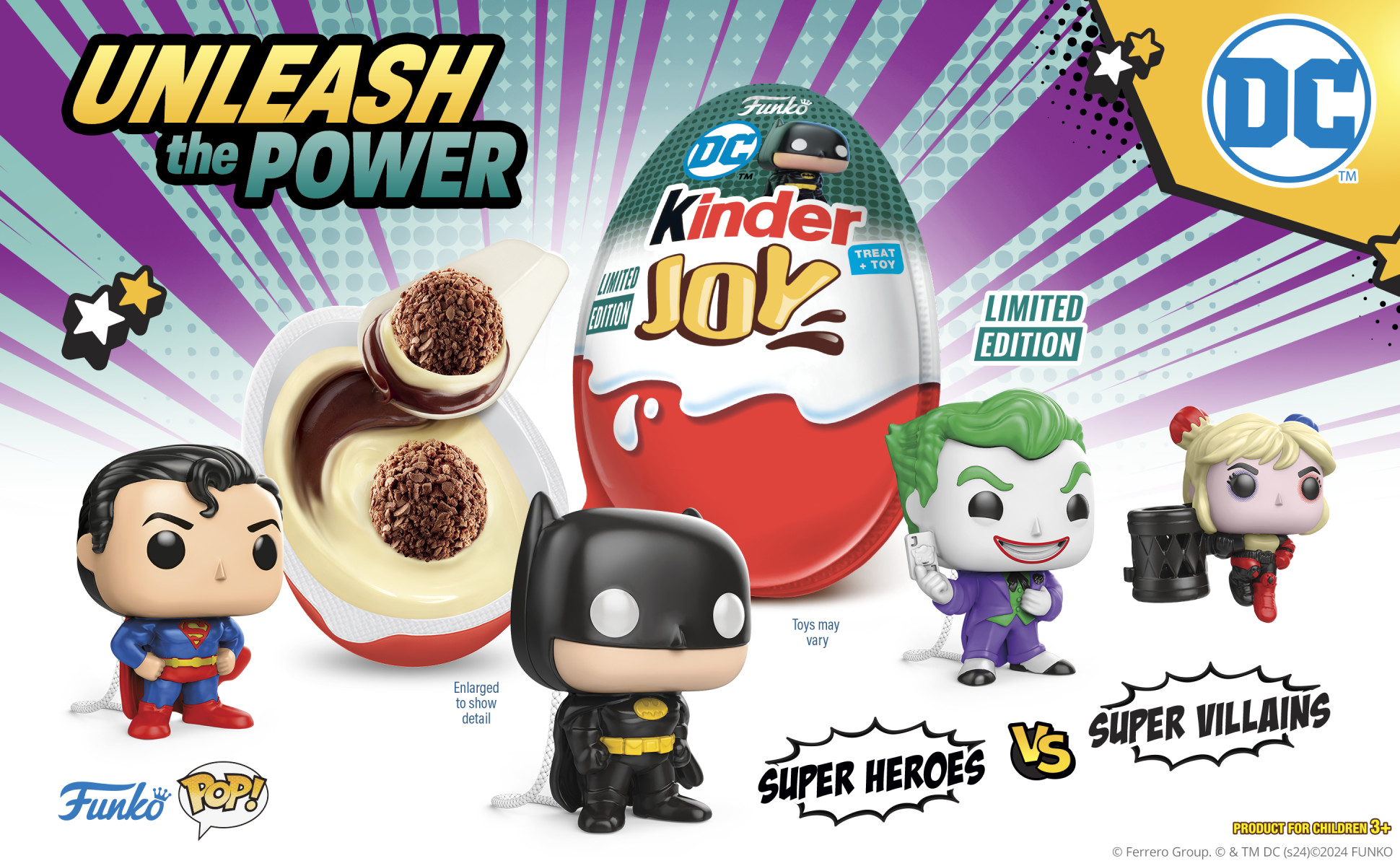 4 DC Funko Pop! toys with an open Kinder Joy egg. Super heroes vs. super villains. Unleash the Power