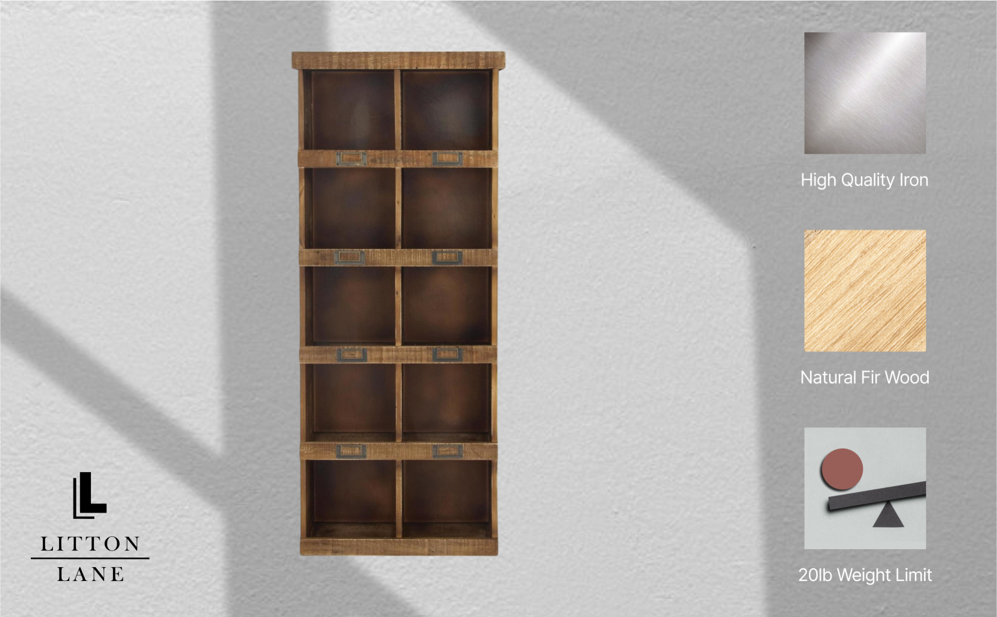Litton Lane 18 in. x 42 in. Brown 10 Cubby Wood Wall Shelf 45887
