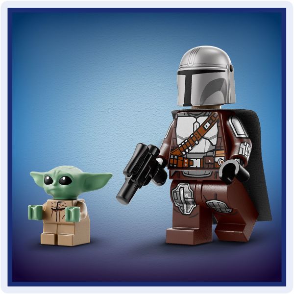 The Mandalorian LEGO minifigure and a Grogu LEGO figure.