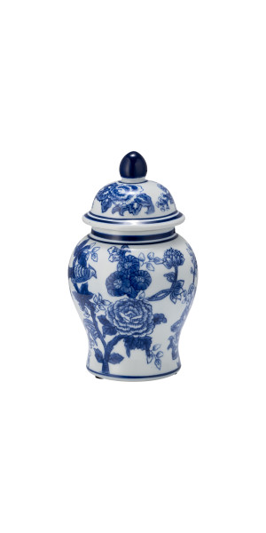 Cer, 8" Temple Jar Bird/flower, Blue