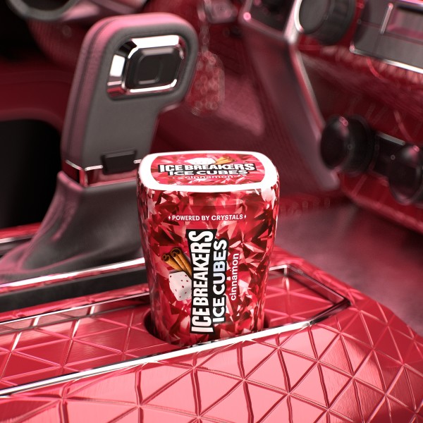 Ice Breakers Ice Cubes cinnamon flavored gum in a car cup holder