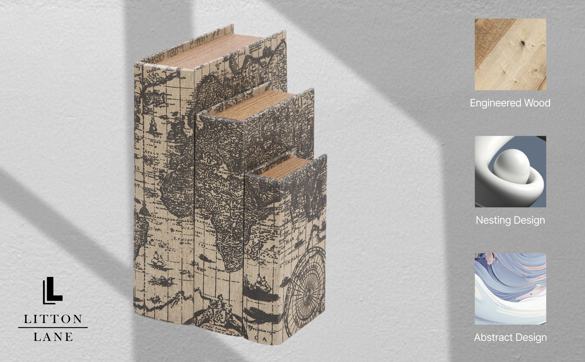 Litton Lane Rectangle Wood Faux Book Box with World Map Cover (Set