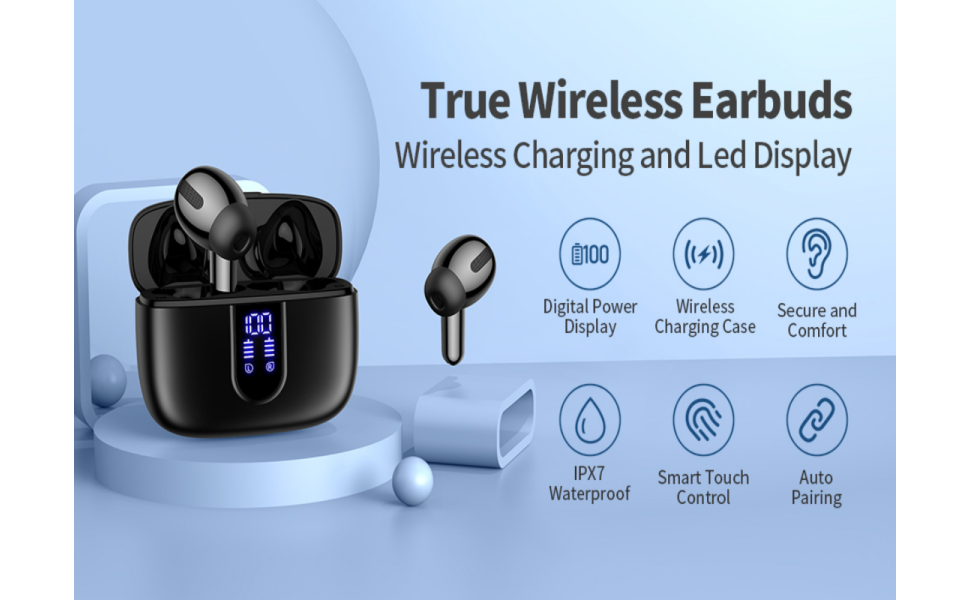 VEATOOL Bluetooth Headphones True Wireless Earbuds 60H Playback LED Power  Display Earphones with Wireless Charging Case IPX7 Waterproof in-Ear Earbuds  with Mic for TV Smart Phone Computer Laptop 
