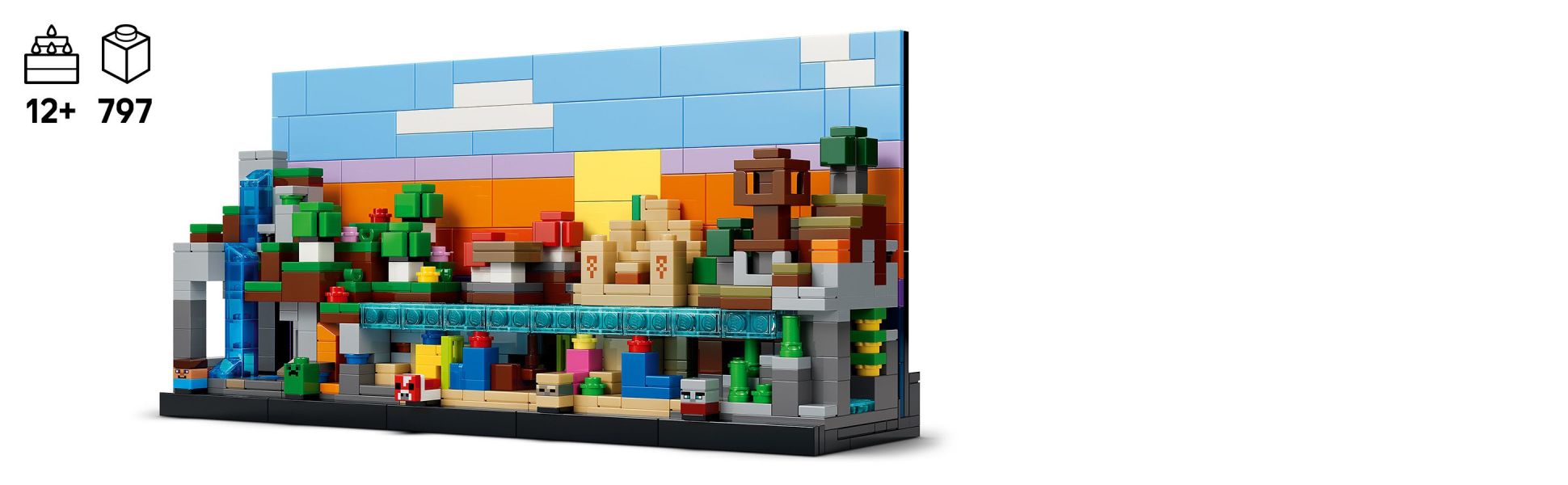 Each biome features authentic details, such as lava, gold, cacti, trees, a waterfall, cave, shipwreck and a treasure chest.