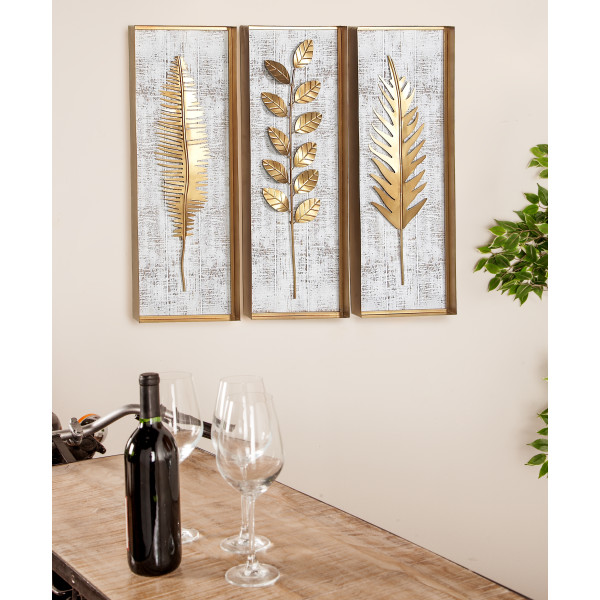 Set of 3 Large Wooden Wall Art Panels on Frames, Beautiful Living Room or  Bedroom Wall Decor, Leaves Theme 