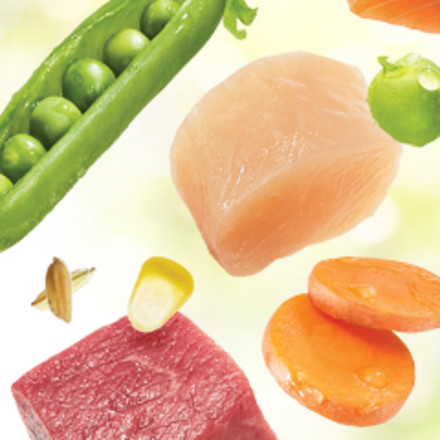 Falling ingredients with real chicken, beef, carrots, peas, and grains.