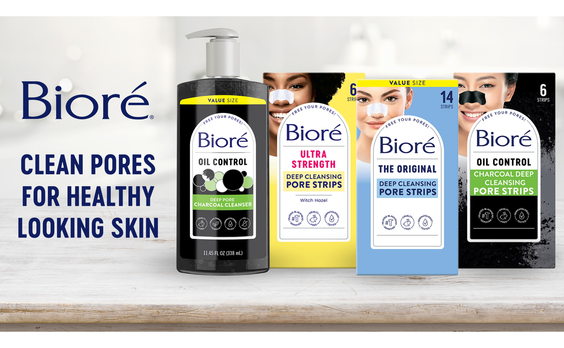 Four Biore products side by side, cleanser and three pore strips.