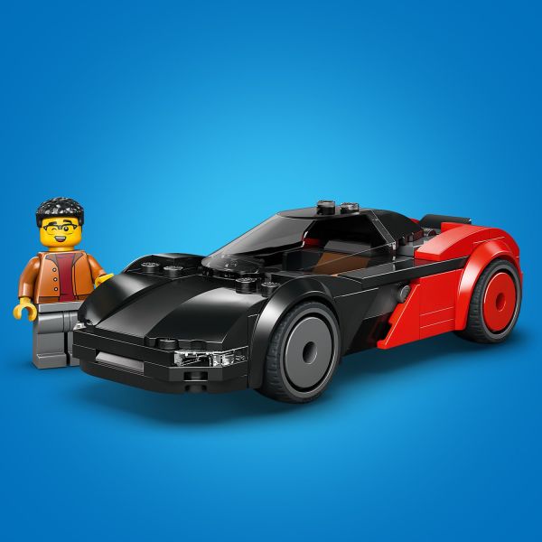 Bold red-and-black sports car with tinted cockpit canopy.