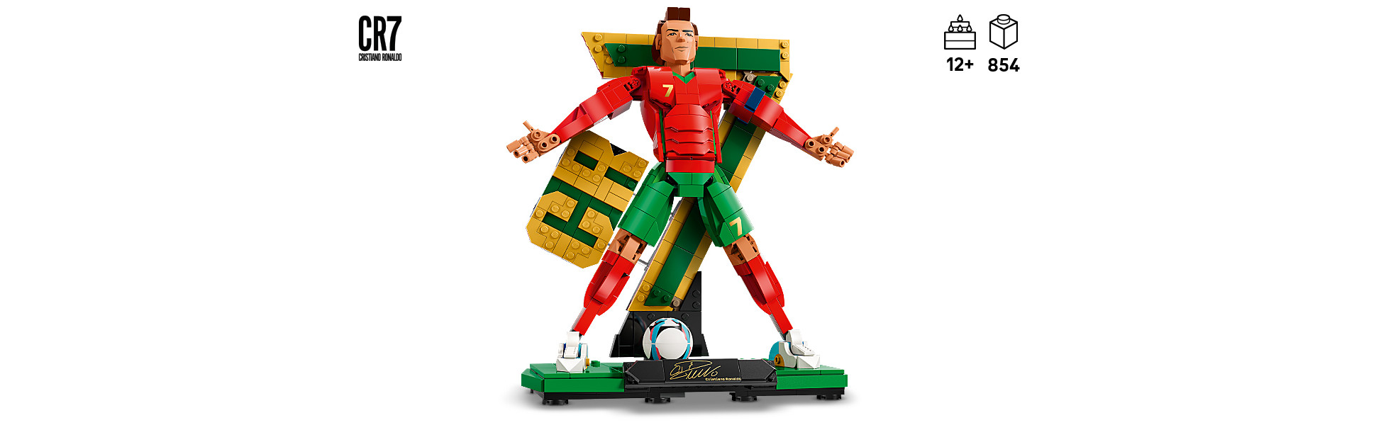 Assemble the Ronaldo figure in his signature celebration “siiiuuu” pose or performing his iconic bicycle kick.