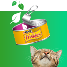 A happy cat next to an open can of Friskies with green leaf illustrations